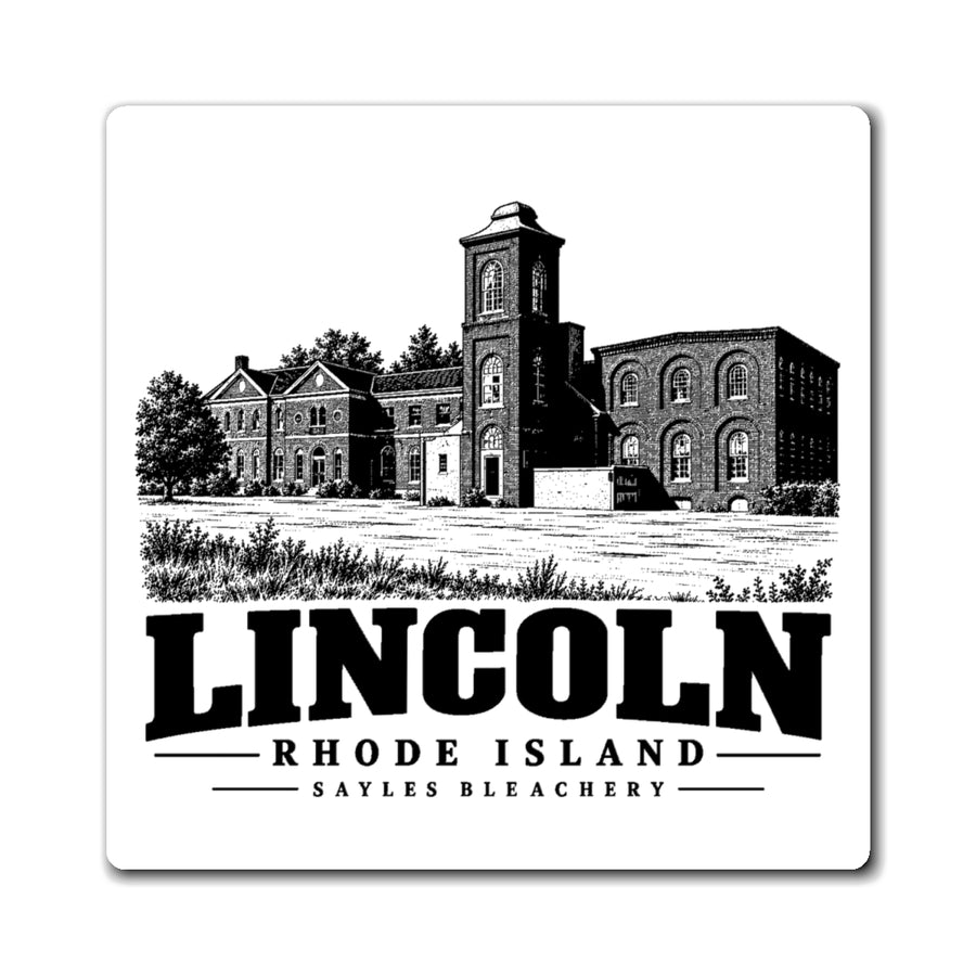 Front view of a square magnet with black-and-white Lincoln, Rhode Island artwork of Sayles Bleachery