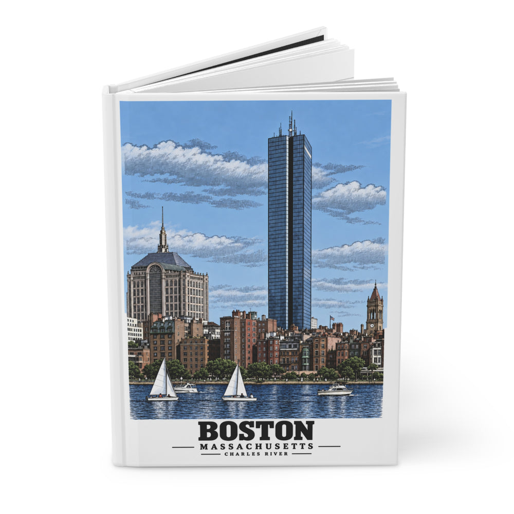 Illustrated Boston, Massachusetts, from the Charles River in Boston and Cambridge on matte hardcover journal