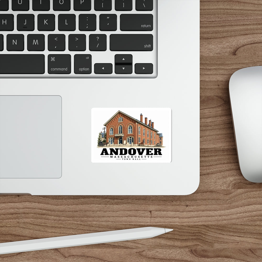 Laptop display of Town Hall white die-cut sticker, Andover, Massachusetts.