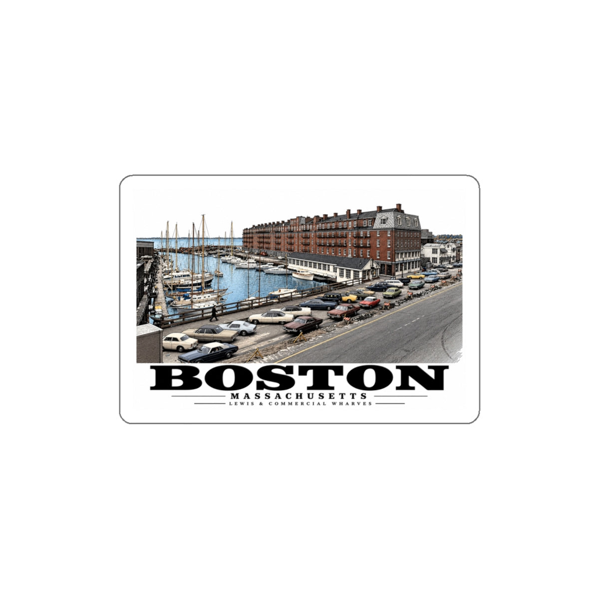 Marina between Lewis and Commercial Wharf 4 in White Die-Cut Sticker - Boston Harbor