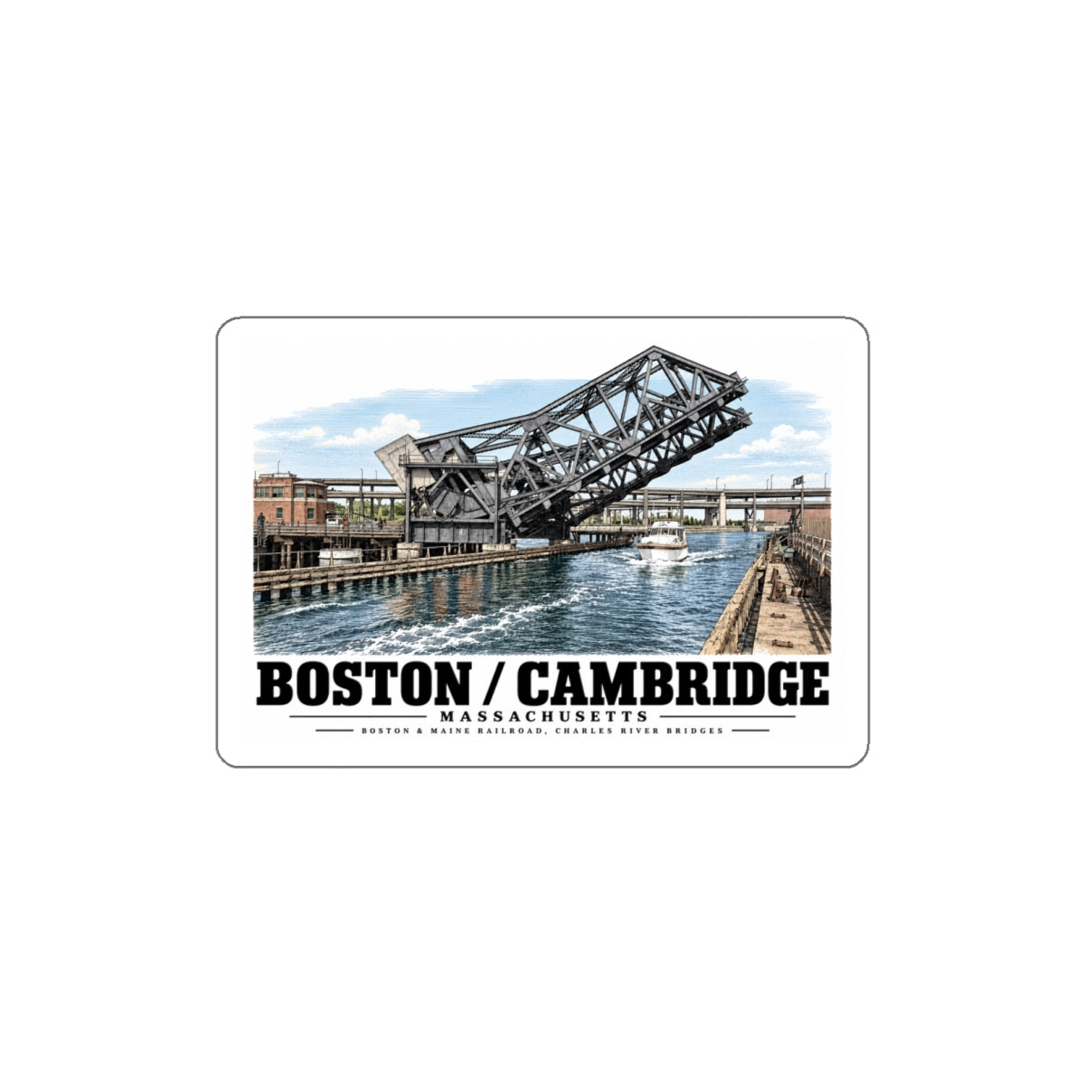 2.  GENERAL VIEW SHOWING BRIDGE IN OPEN POSITION - Boston & Maine Railroad, Charles River Bridges, Charles River, North Station vicinity, Boston, Suffolk County, MA 4 in White Die-Cut Sticker -...