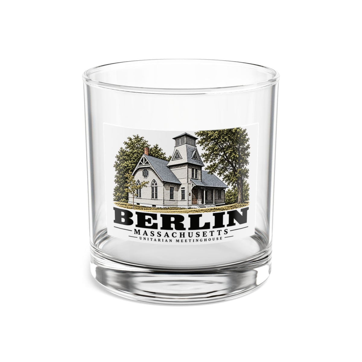 Illustrated Unitarian Meetinghouse in Berlin on rocks glass