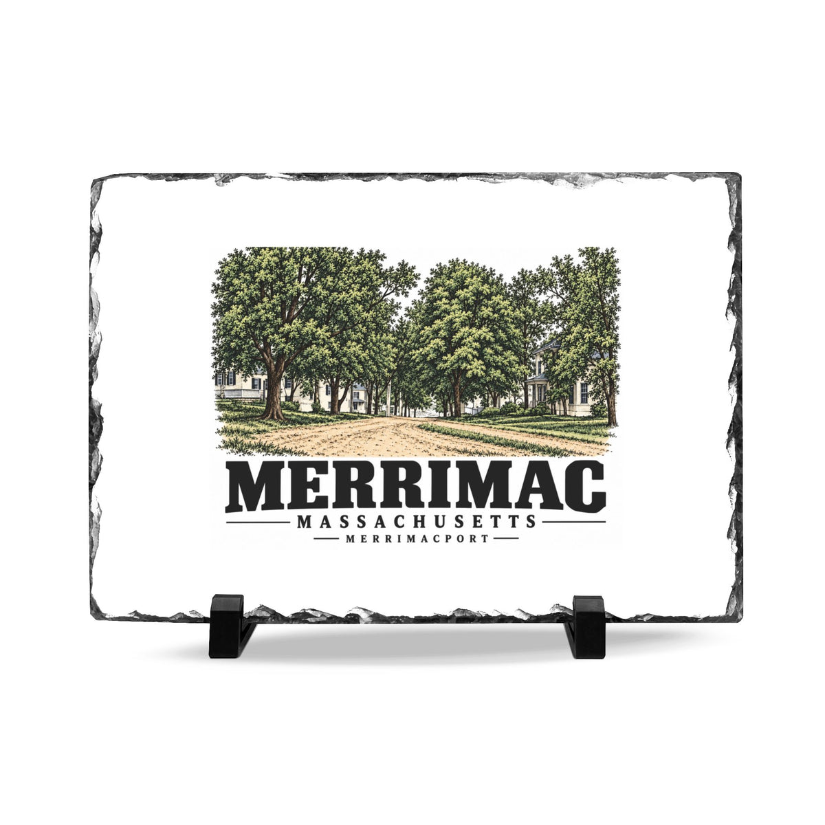 Front on display stands of Merrimac Street slate desk plaque, with Merrimac, Massachusetts artwork and lettering.