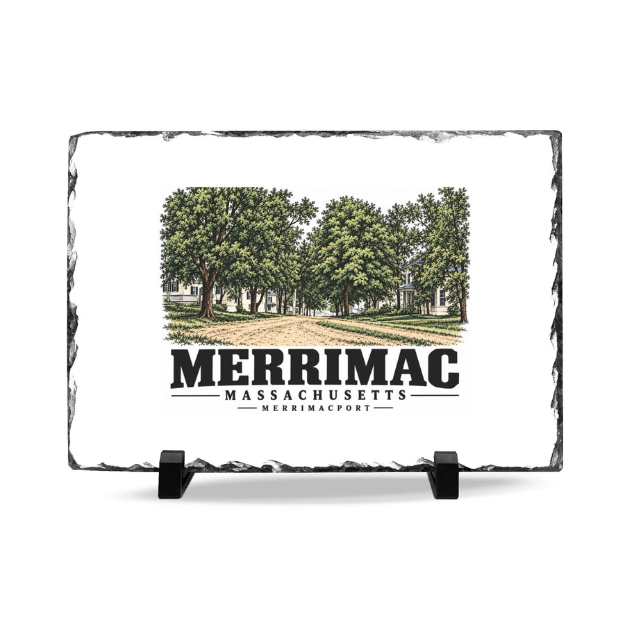 Front on display stands of Merrimac Street slate desk plaque, with Merrimac, Massachusetts artwork and lettering.