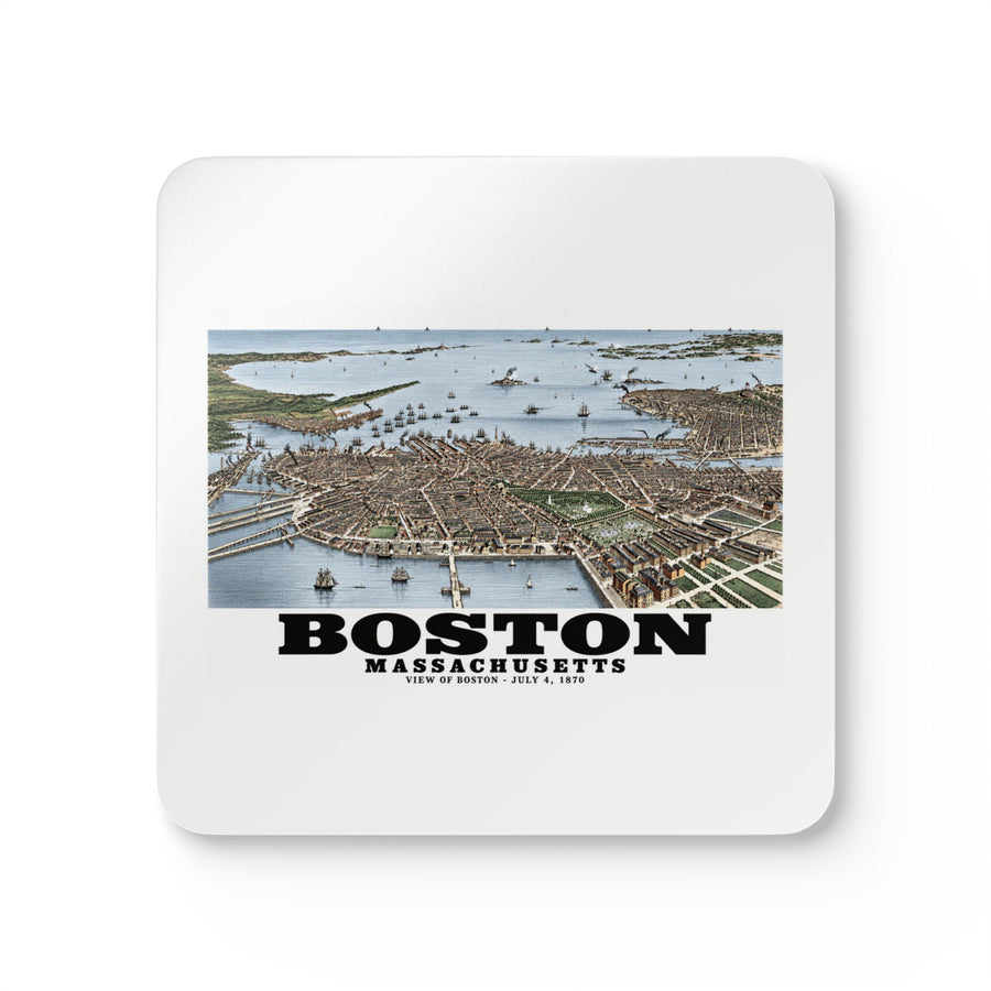 White square coaster showing historic Boston harbor panorama with boats and waterfront buildings artwork and Boston lettering