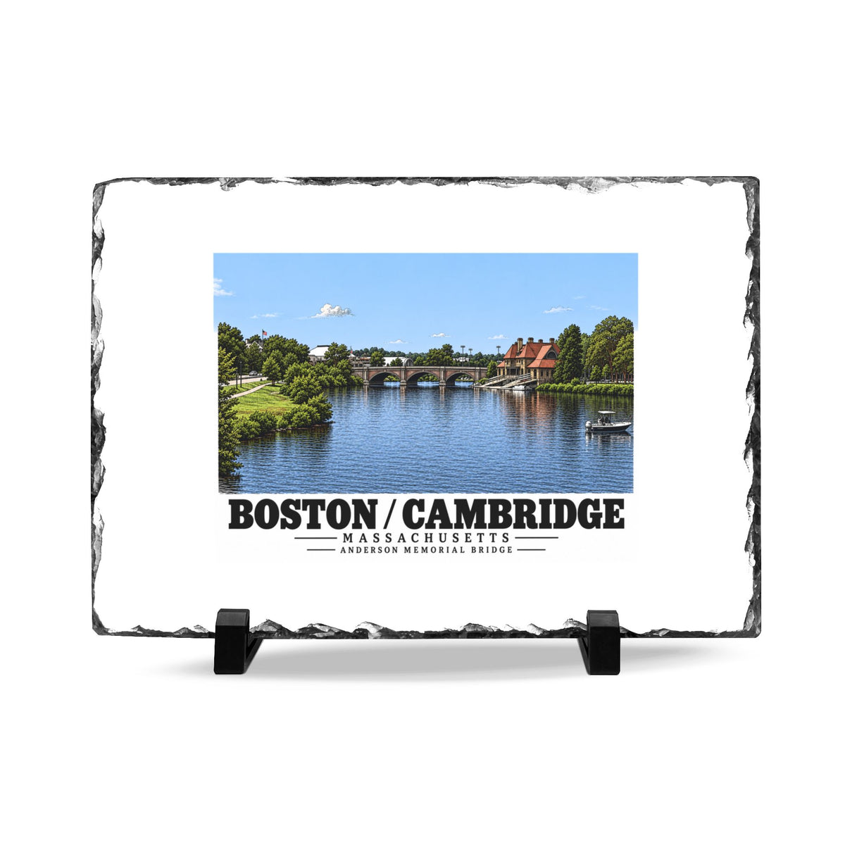 Rough-edged slate display on two black stands with Anderson Memorial Bridge distant river view artwork and Boston/Cambridge lettering