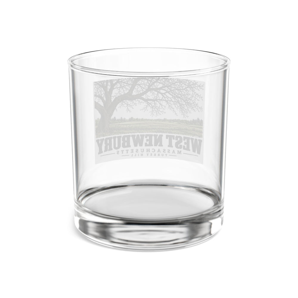 Transparent reverse of Turkey Hill rocks glass, with West Newbury, Massachusetts artwork and lettering.