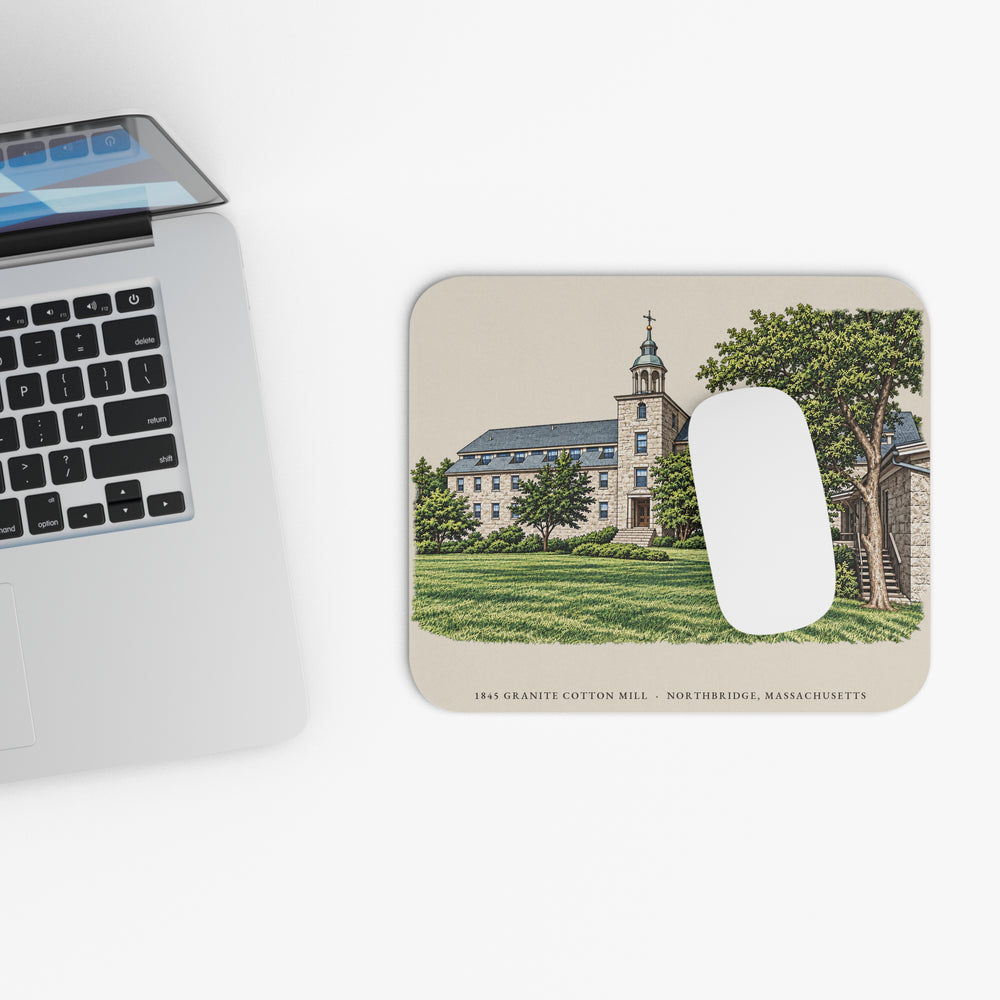 Northbridge 1845 Granite Cotton Mill mouse pad mockup showing the full illustrated print