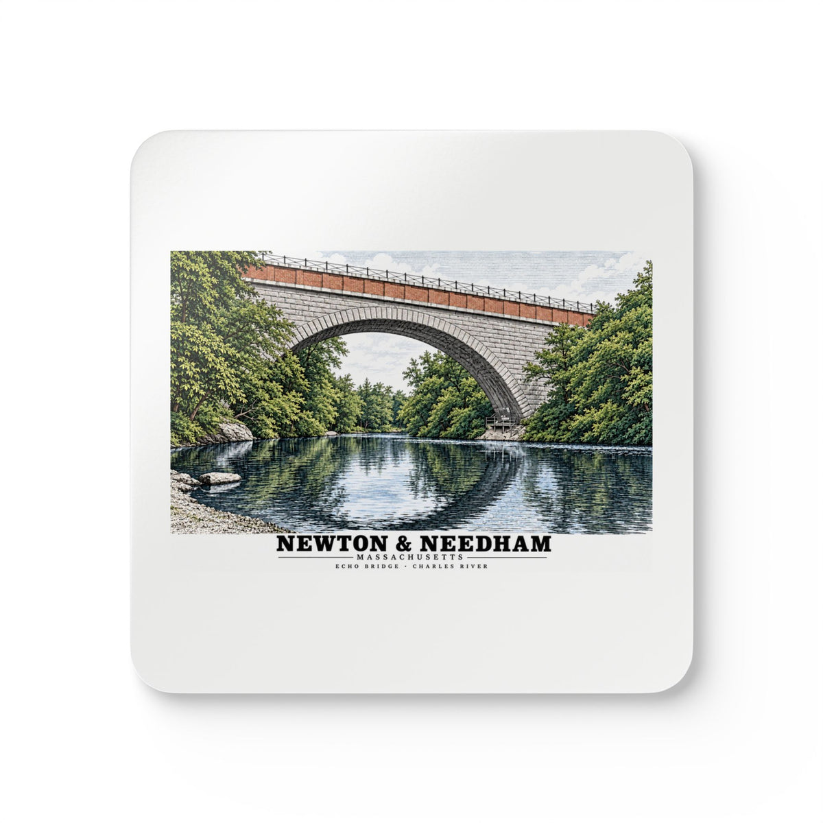 Echo Bridge, Hemlock Gorge, Upper Falls; Charles River and Ellis Street Cork Back Coaster Set - Charles River