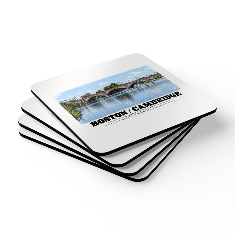 Stack of square coasters with Anderson Memorial Bridge and scullers artwork visible on the top coaster