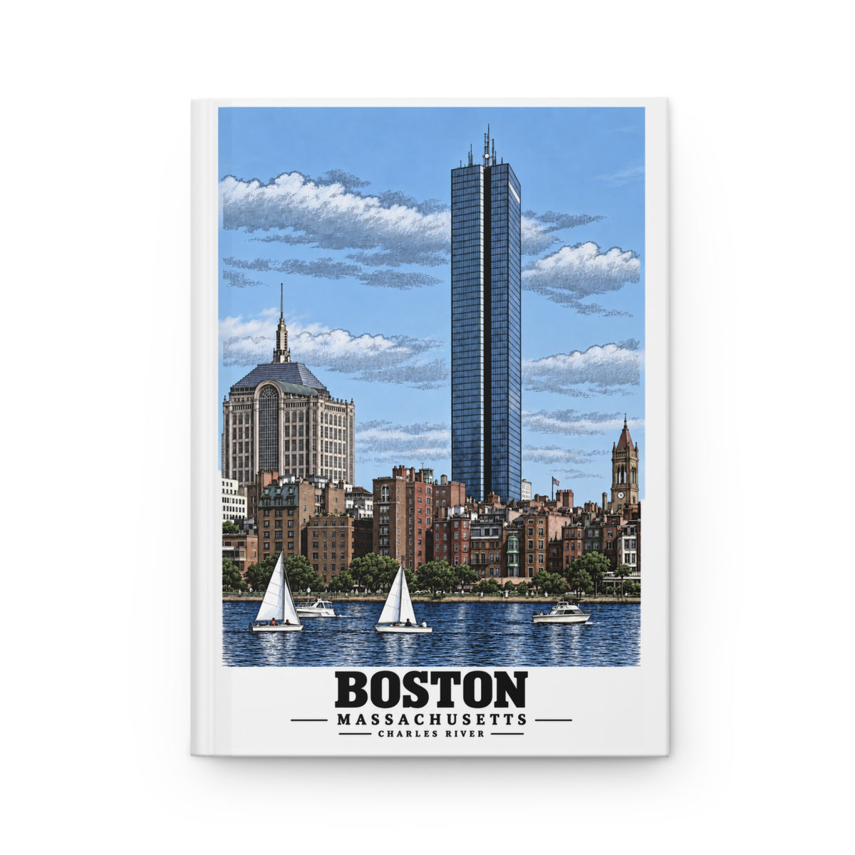 Illustrated Boston, Massachusetts, from the Charles River in Boston and Cambridge on matte hardcover journal