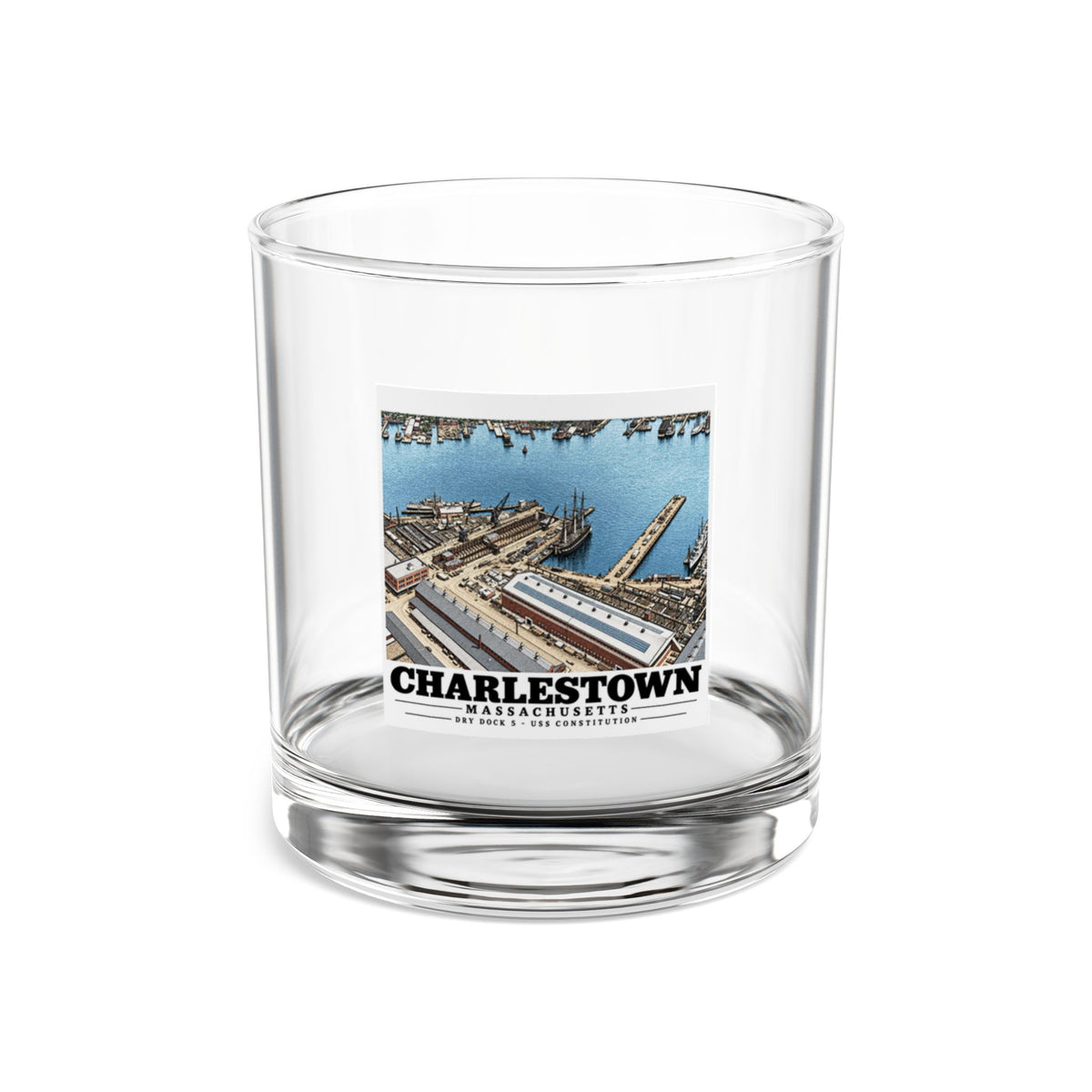 Illustrated Dry Dock 5 and Constitution Pier in Charlestown on rocks glass