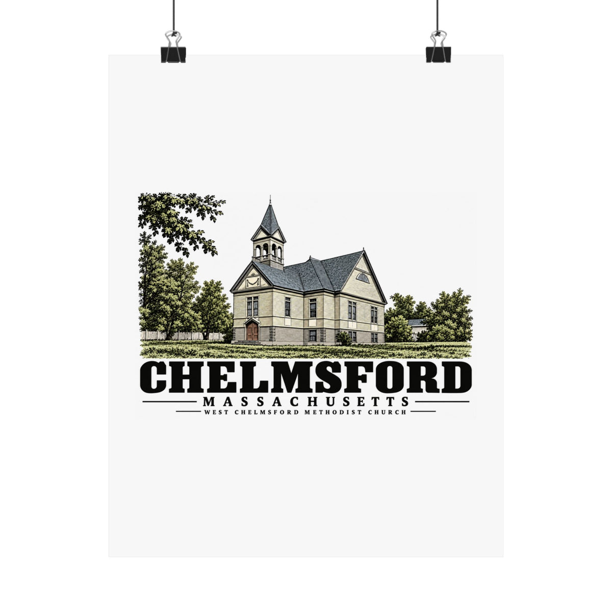 Illustrated West Chelmsford Methodist Church in Chelmsford on unframed matte poster
