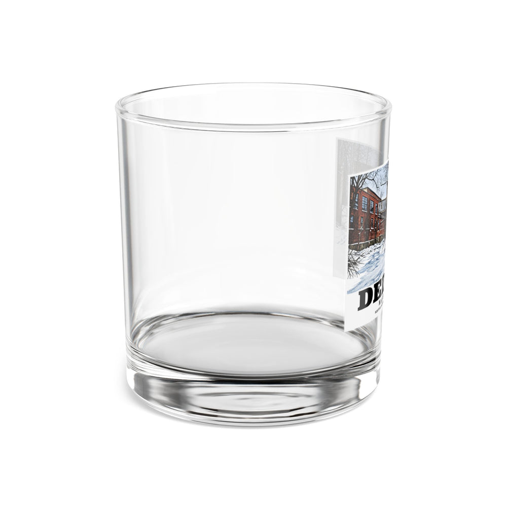 Illustrated Norfolk Manufacturing Company Cotton Mill in Dedham on rocks glass