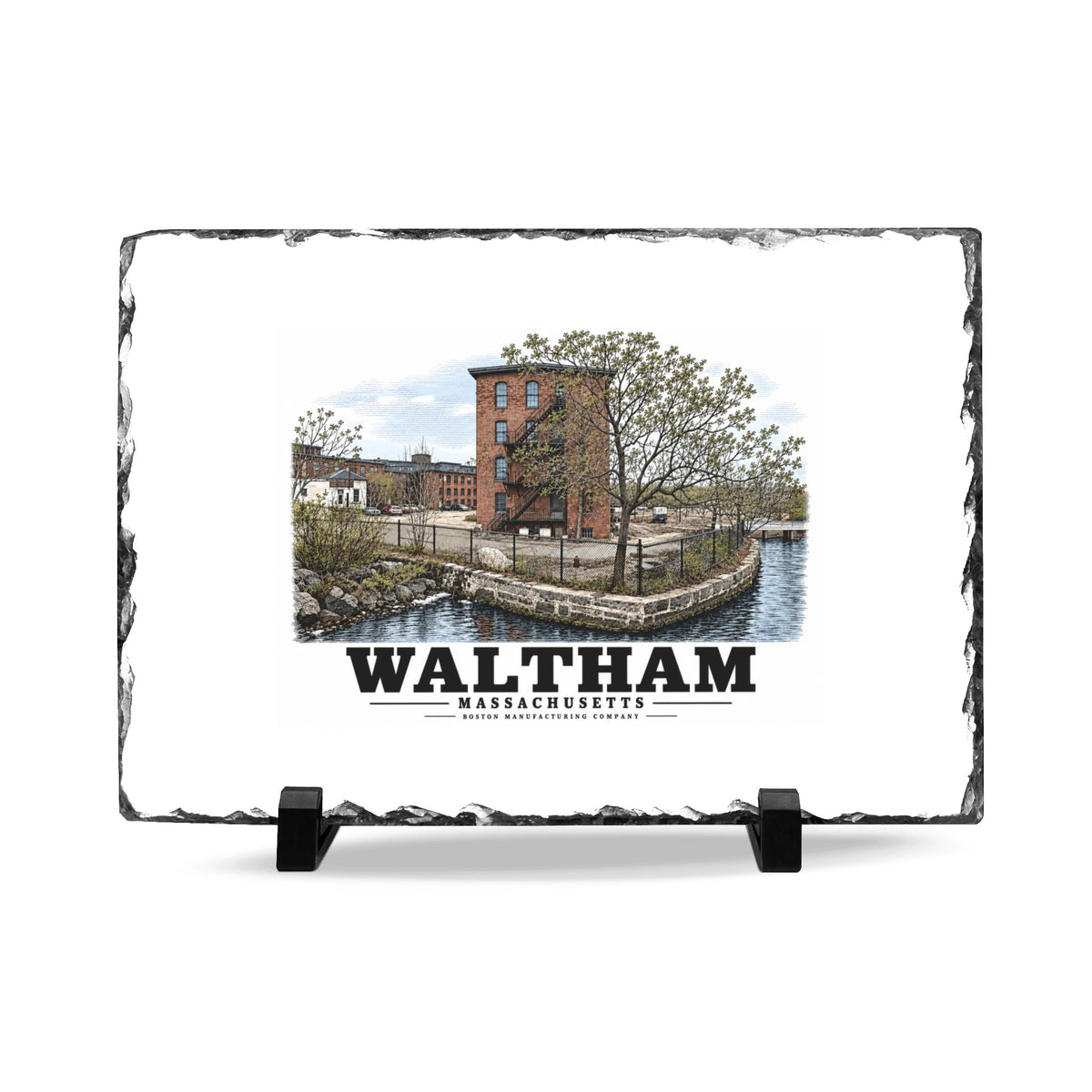 Illustrated Boston Manufacturing Company in Waltham on slate desk plaque