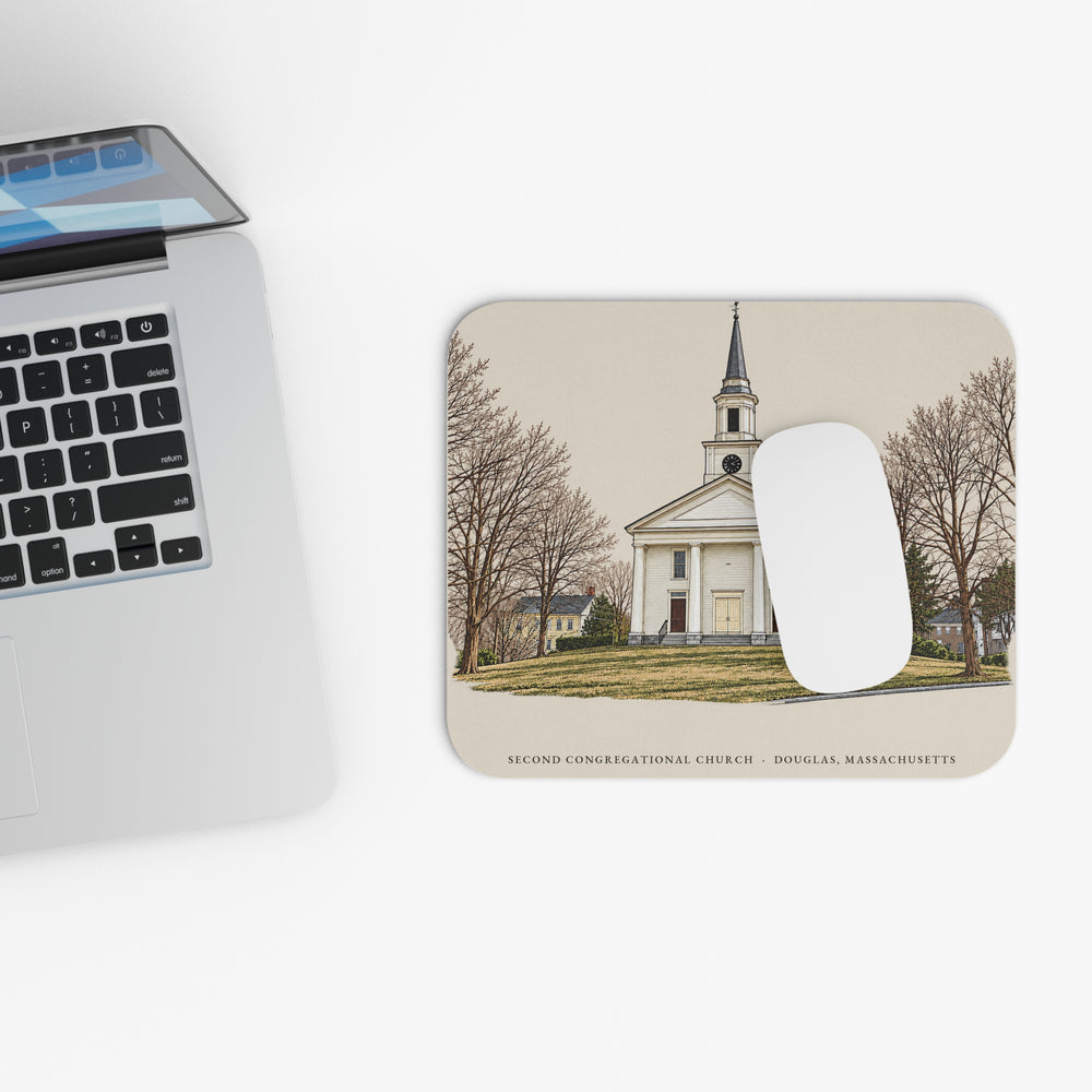 Douglas Second Congregational Church mouse pad mockup showing the full illustrated print