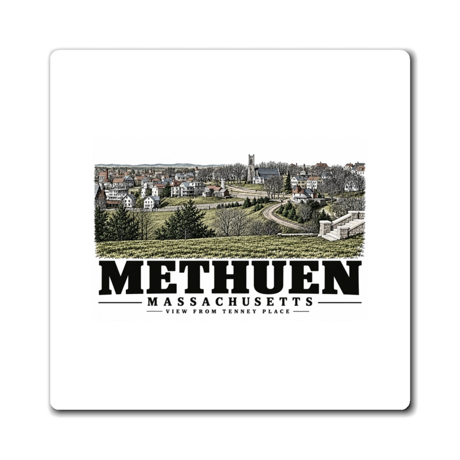 Front of View from Tenney Place square magnet, with Methuen, Massachusetts artwork and lettering.