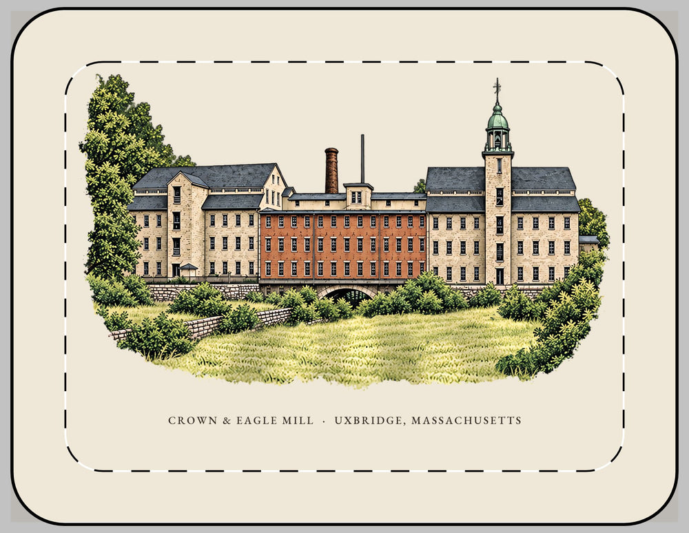 Uxbridge Crown & Eagle Mill 13-inch laptop sleeve mockup showing the full illustrated print