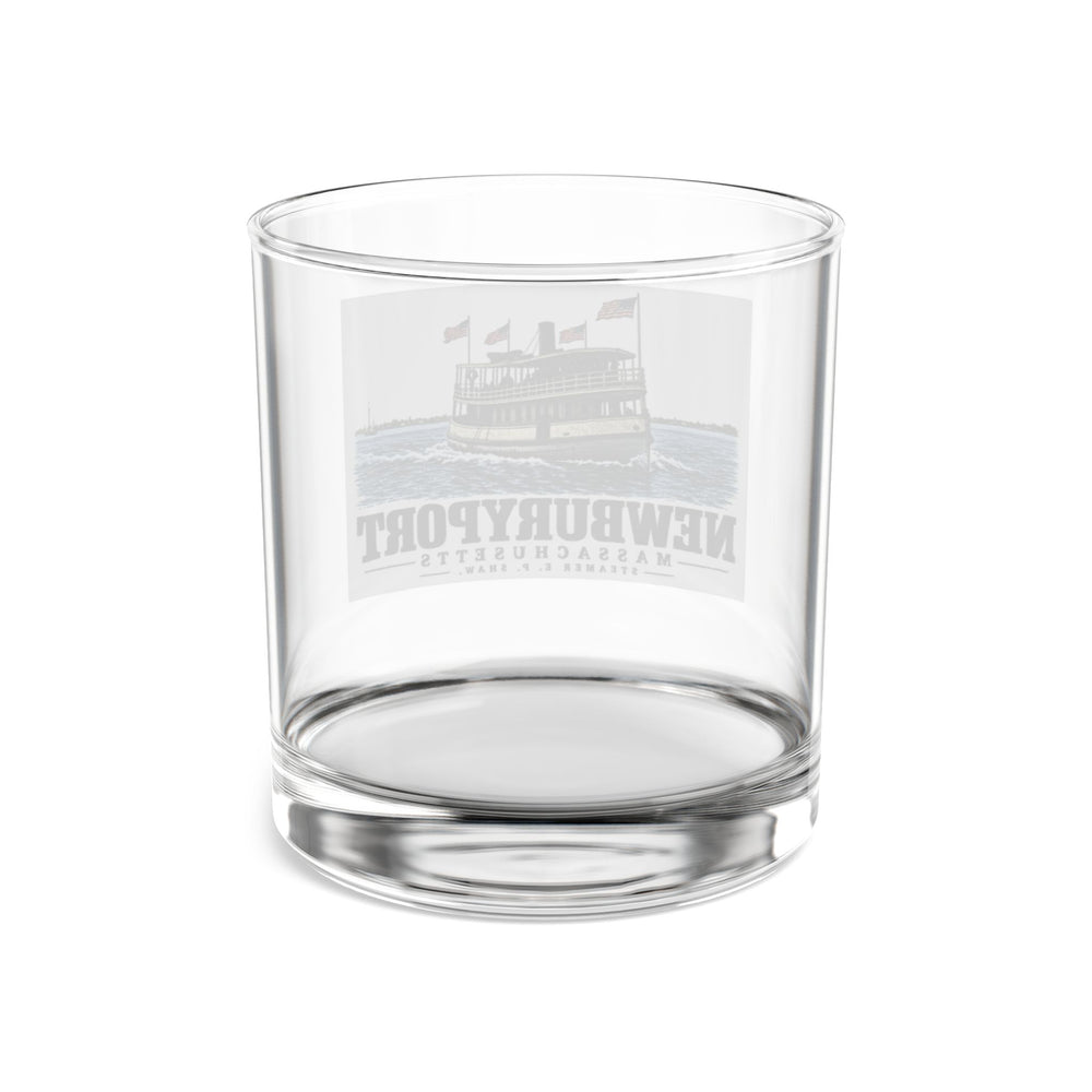Transparent reverse of Steamer E. P. Shaw rocks glass, with Newburyport, Massachusetts artwork and lettering.