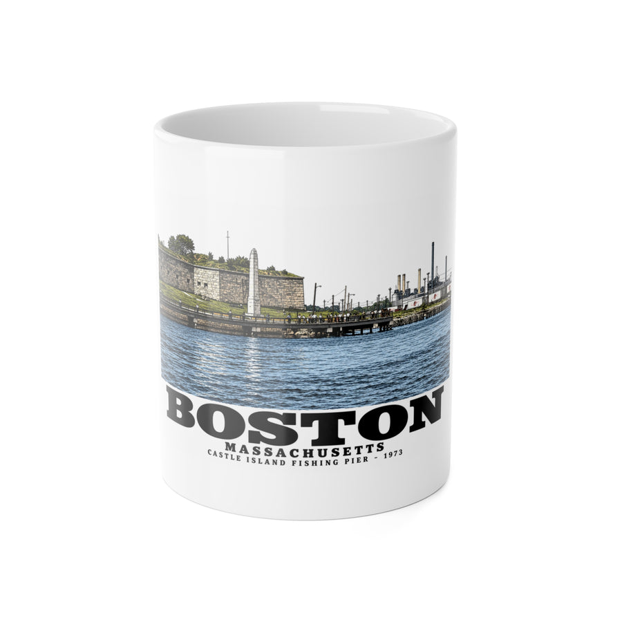 Castle Island, includes Fishing Pier 11 oz White Ceramic Mug - Boston Harbor