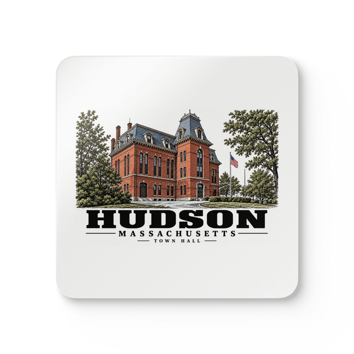 Illustrated Town Hall in Hudson on corkwood coaster set