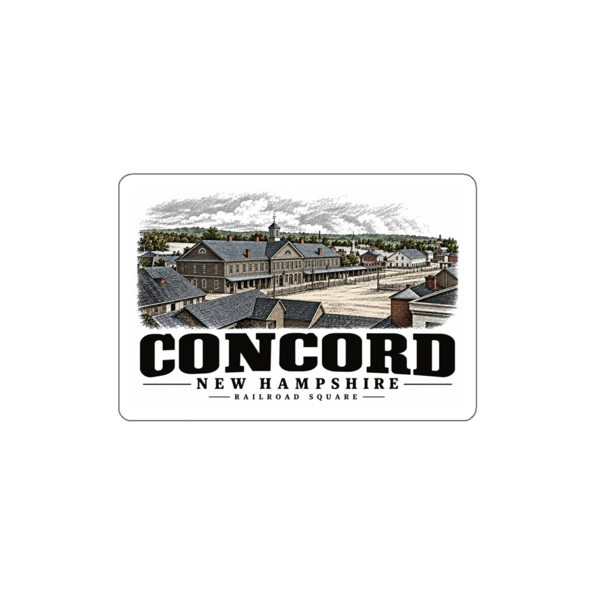 Front of Railroad Square white die-cut sticker, Concord, New Hampshire.