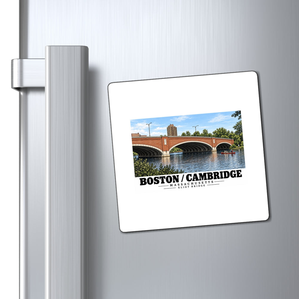 Eliot Bridge red brick arches and boats magnet on a refrigerator beside its handle