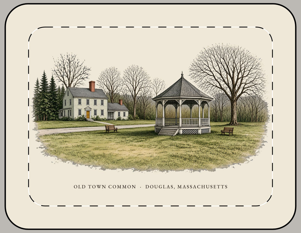 Douglas Old Town Common 15-inch laptop sleeve mockup showing the full illustrated print