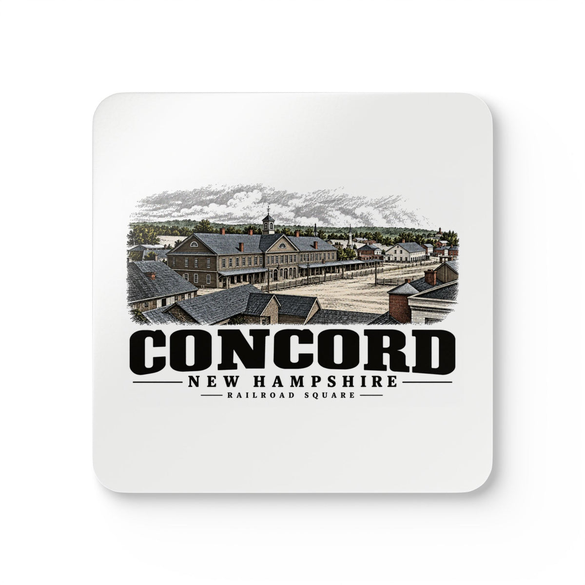 Front of Railroad Square square cork-backed coaster set, Concord, New Hampshire.