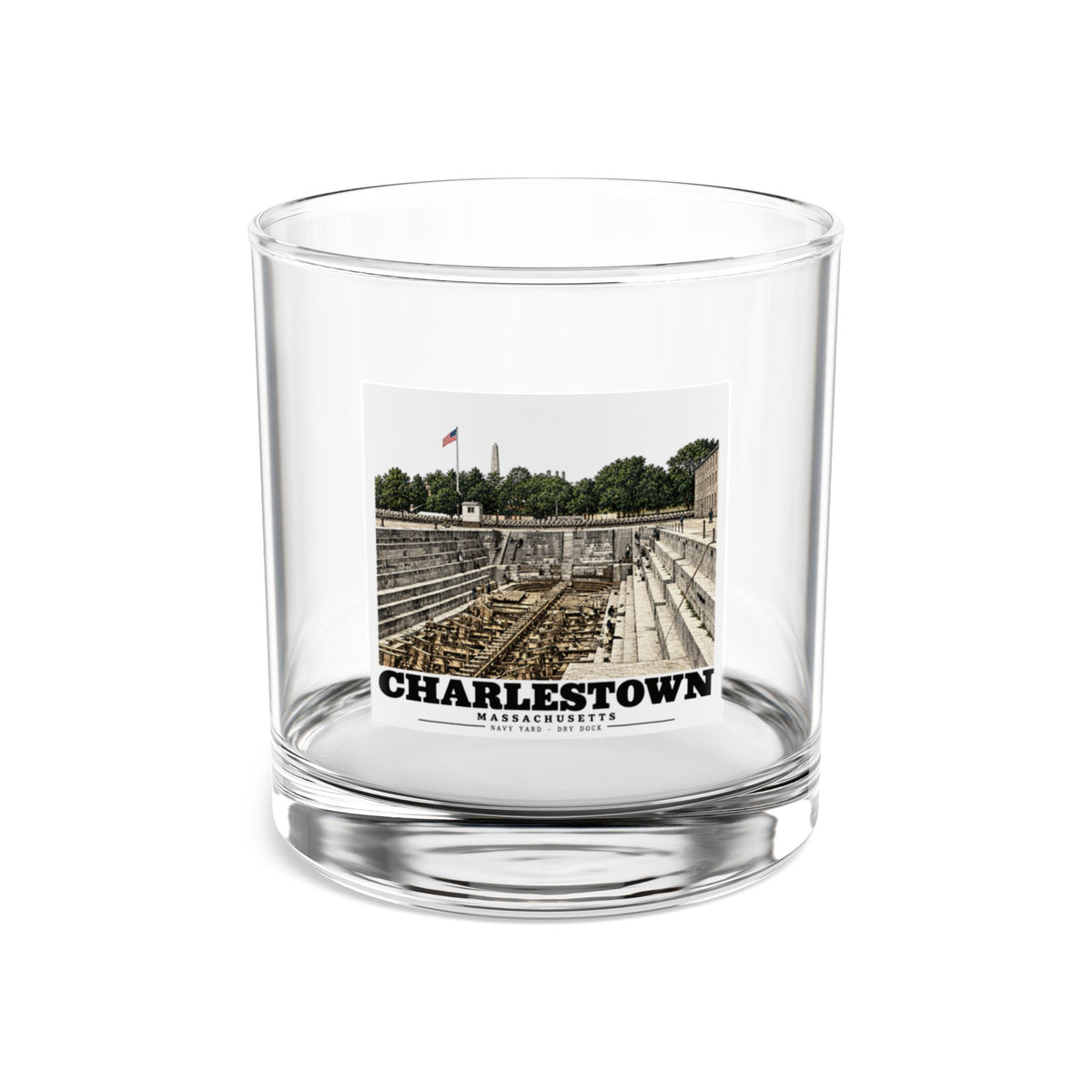 Front of clear 10 oz rocks glass with dry-dock and Charlestown artwork