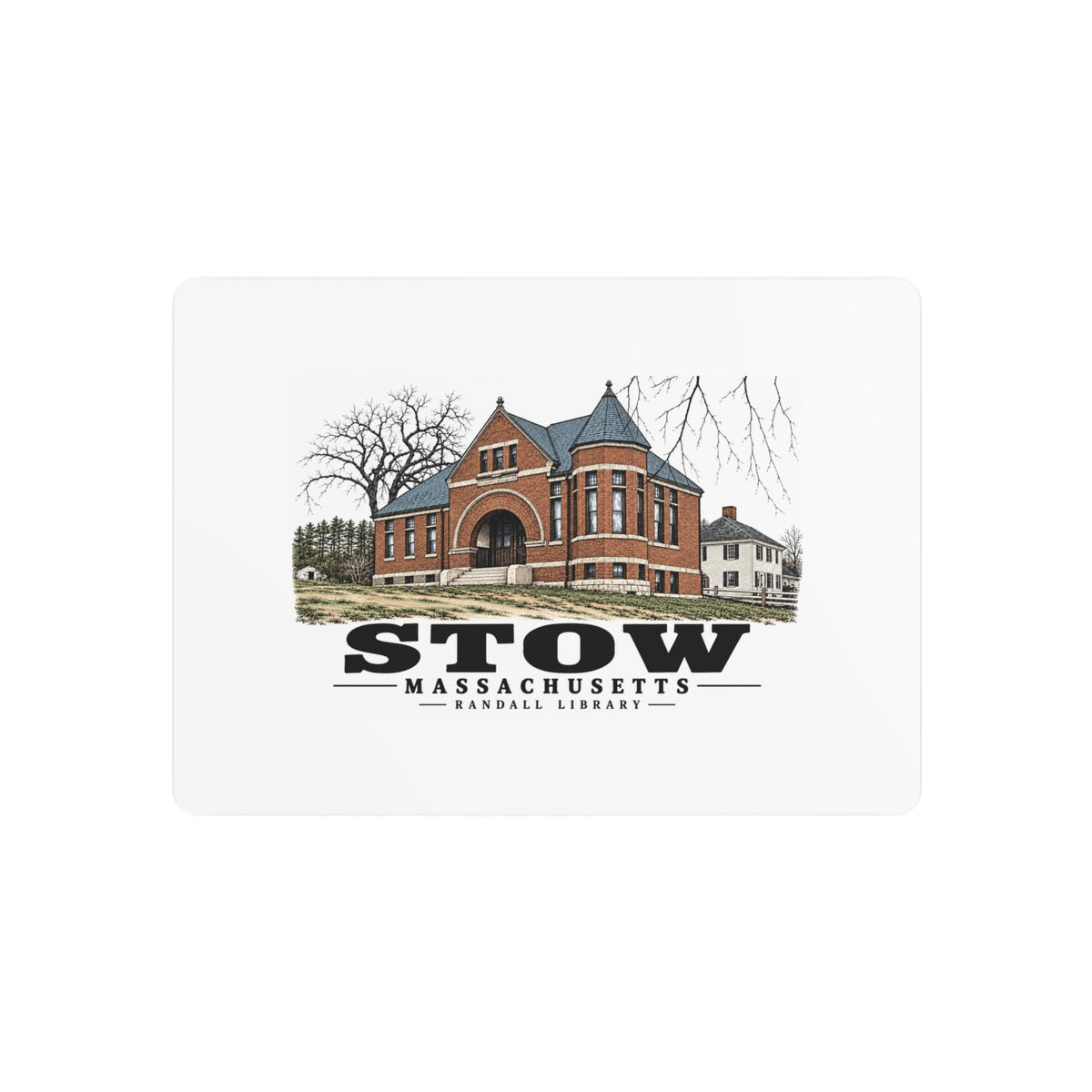 Illustrated Randall Library in Stow on metal art sign