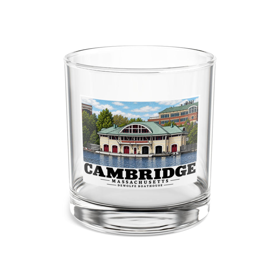 Front view of the clear rocks glass with Cambridge DeWolfe Boathouse artwork.