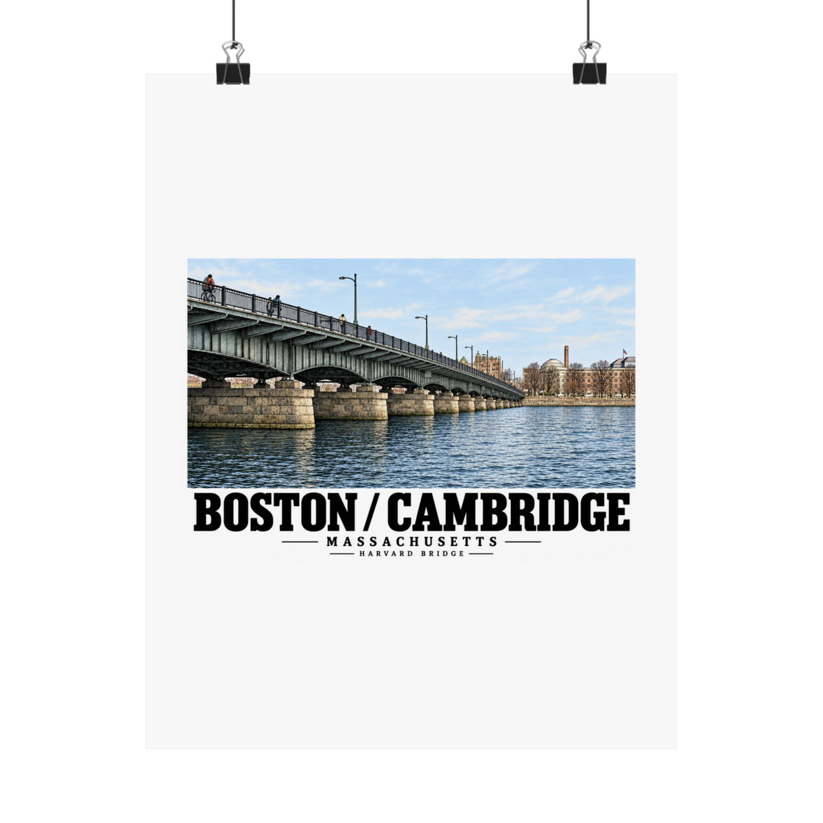 Poster with Harvard Bridge artwork and Boston/Cambridge lettering hanging from two binder clips