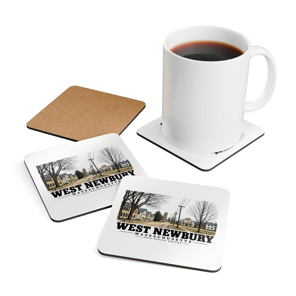 Tabletop display with coffee mug prop of Post Office Square square cork-backed coaster set, West Newbury, Massachusetts.