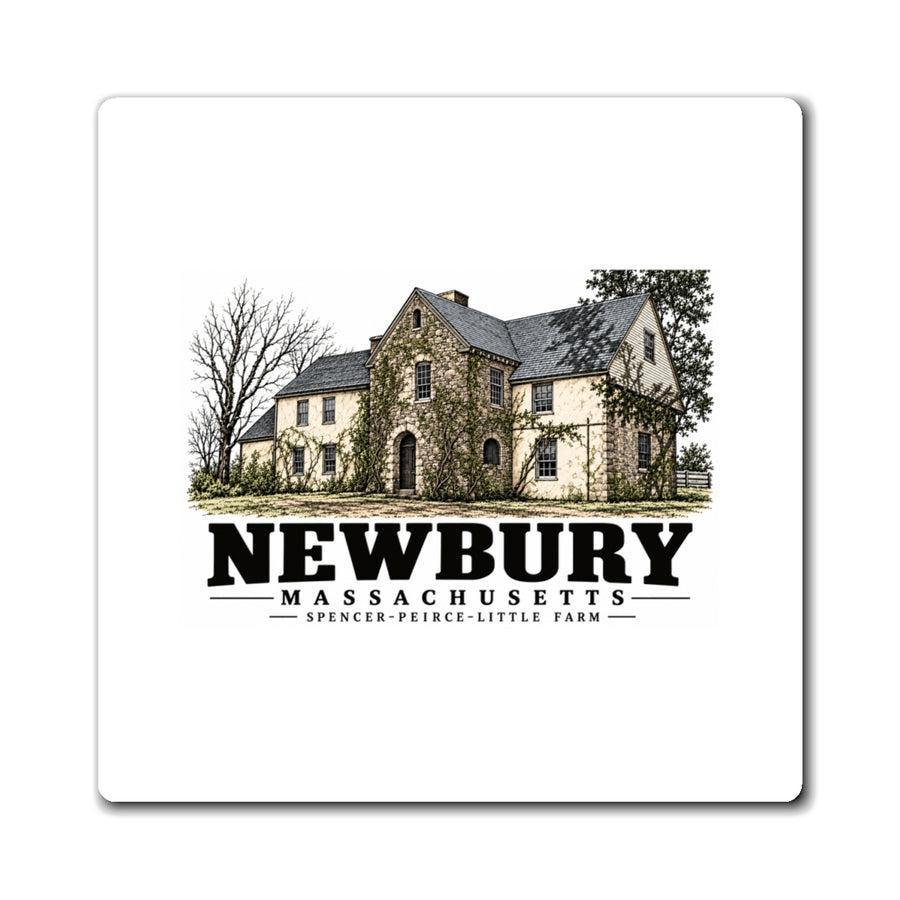 Front of Spencer-Peirce-Little Farm square magnet, with Newbury, Massachusetts artwork and lettering.