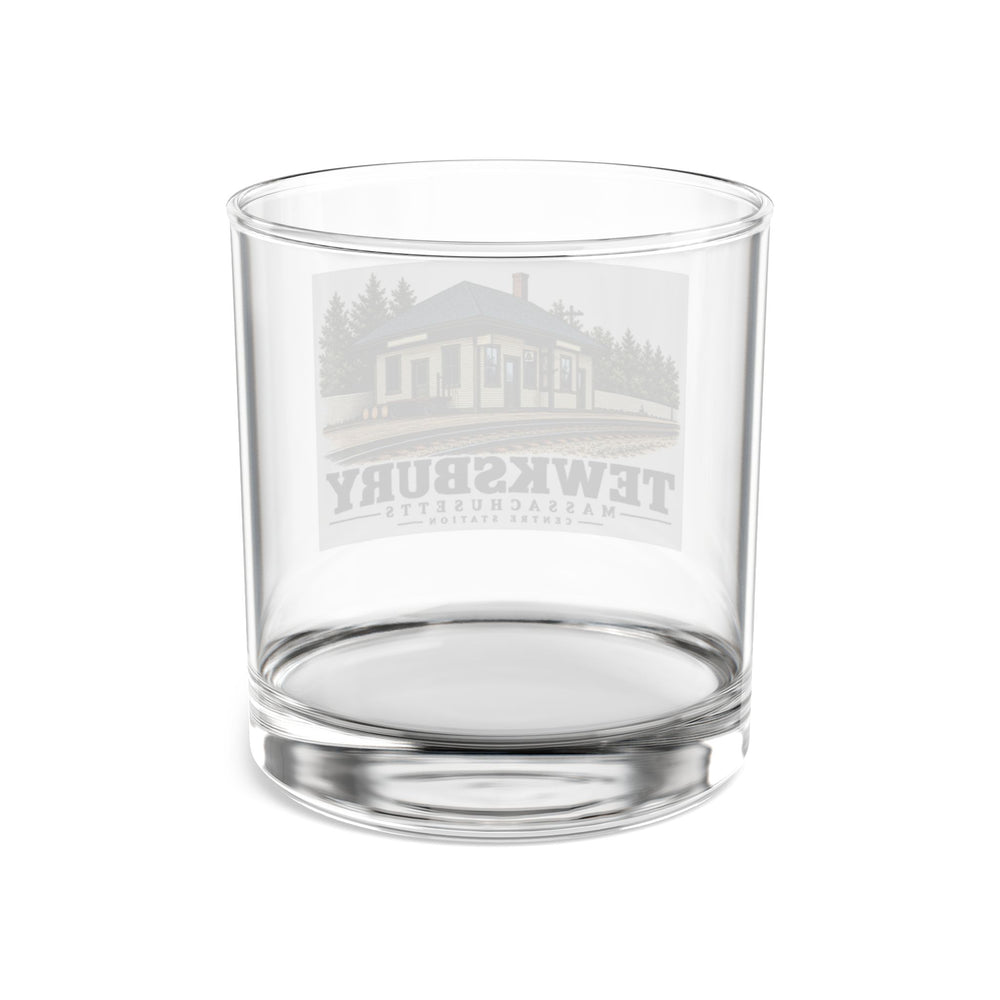 Tewksbury Centre railroad station, Tewksbury illustration on 10 oz rocks glass — rear view through clear glass