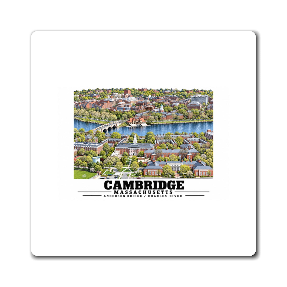 Illustrated Aerial view of Cambridge with Charles River past Harvard University in Cambridge and Boston on square magnet