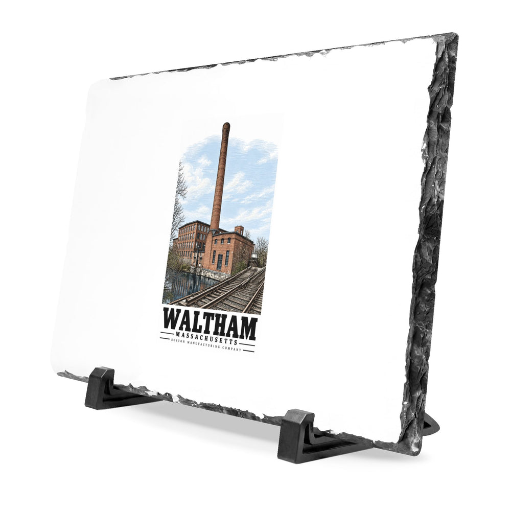 Angled view of the Boston Manufacturing Company slate plaque showing its chiseled edge and display stands.