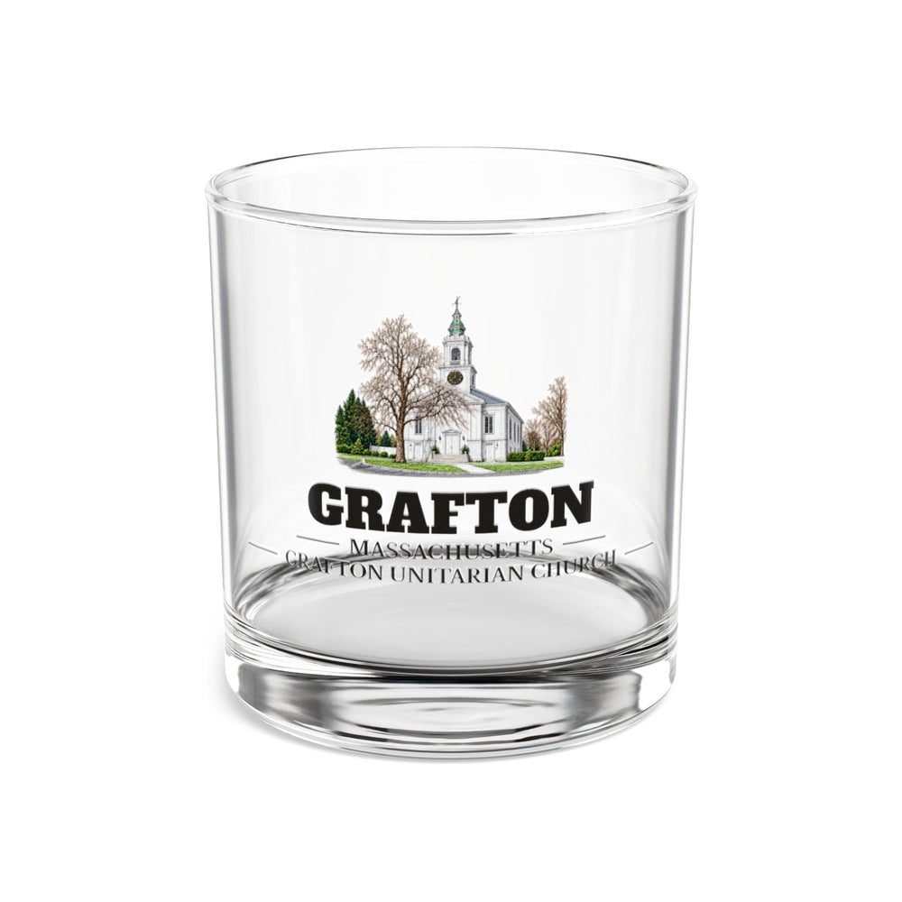 Front view of the Grafton Unitarian Church at Grafton Common artwork printed on a clear 10 oz rocks glass
