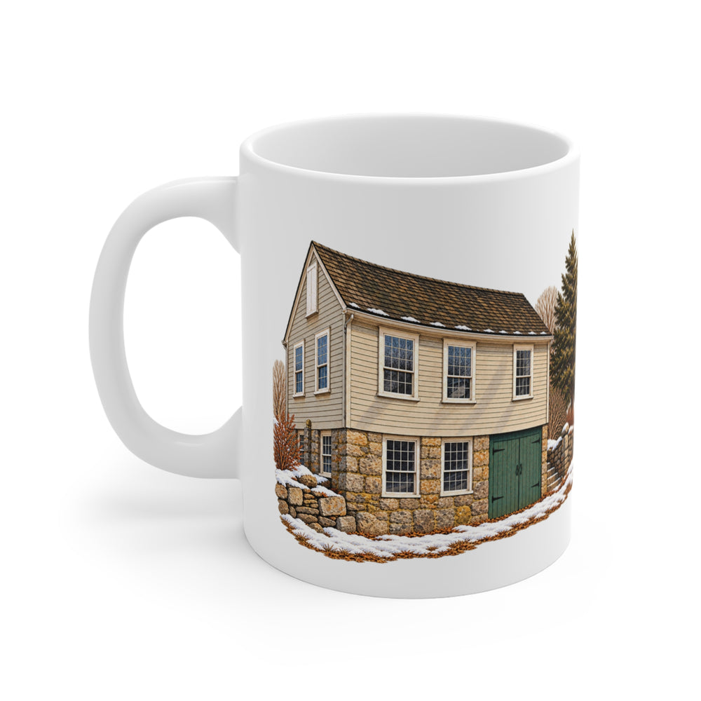 Mendon Olney Cook Artisan Shop 11 oz ceramic mug — artwork view, handle left — Familiar History