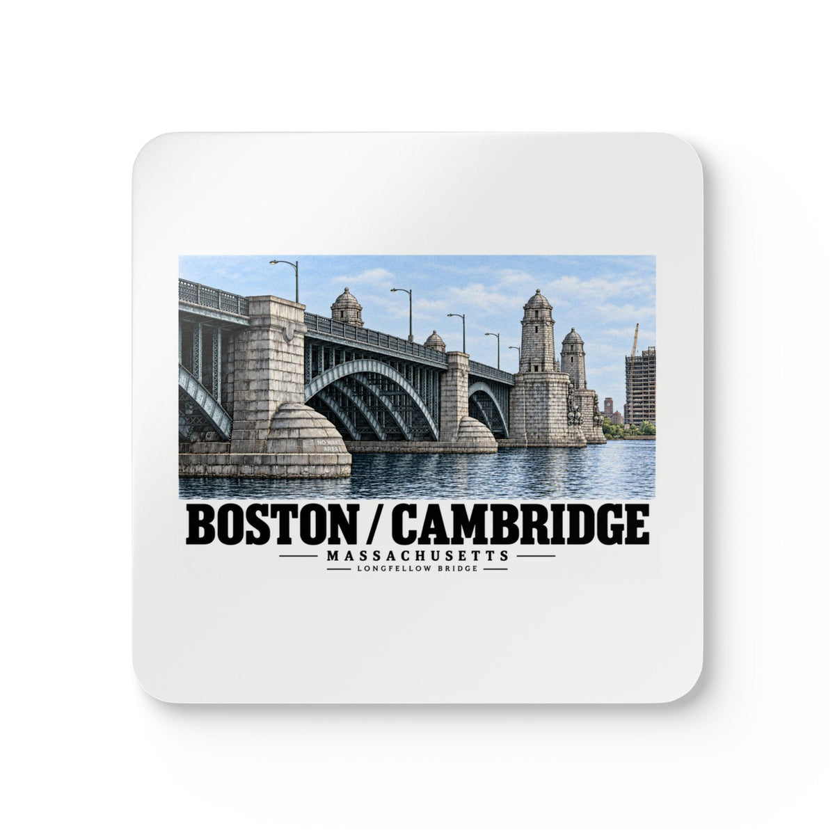 Square coaster front with Longfellow Bridge artwork and Boston/Cambridge lettering.