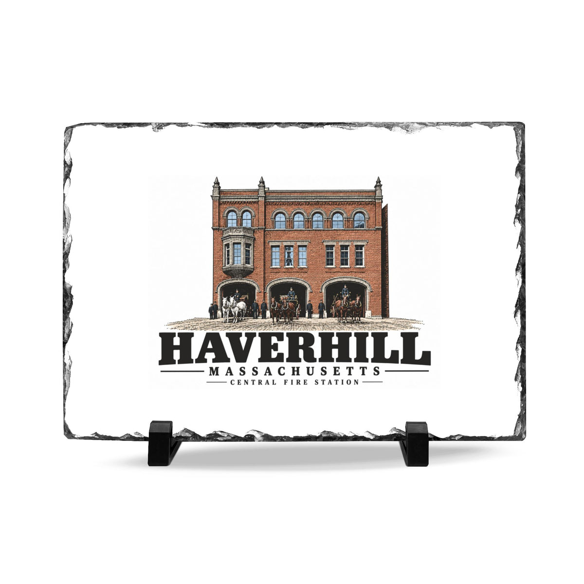 Front on display stands of Central Fire Station slate desk plaque, with Haverhill, Massachusetts artwork and lettering.