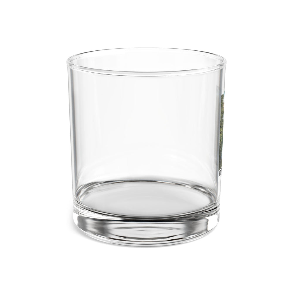 Side view of clear rocks glass with mostly unprinted surface and part of Echo Bridge portrait print at right