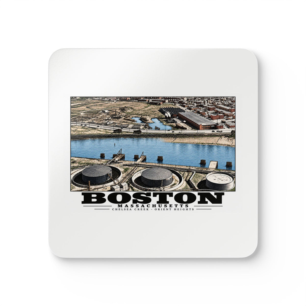 Orient Heights taken at 600 feet-Shore line, Chelsea Creek, East Boston Cork Back Coaster Set - Boston Harbor