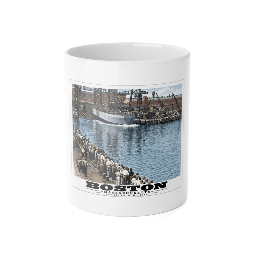 Illustrated LST-301 at Boston Navy Yard in Charlestown on ceramic mug