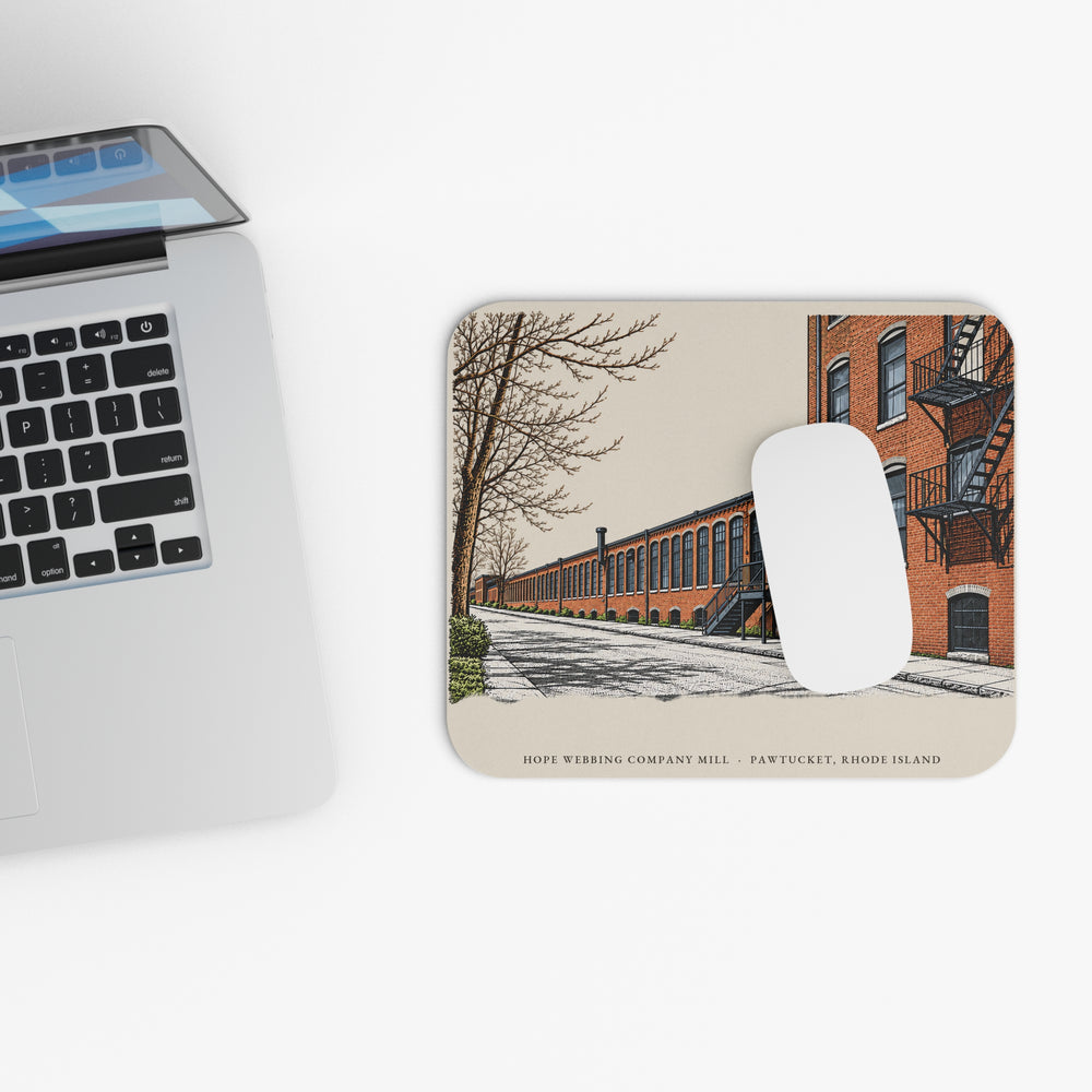 Pawtucket Hope Webbing Company Mill mouse pad mockup showing the full illustrated print