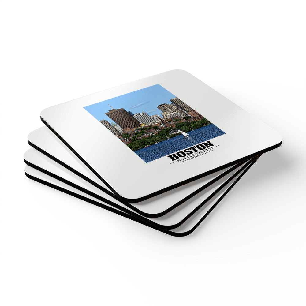 Illustrated View of Boston, Massachusetts, from the Charles River in Boston and Cambridge on corkwood coaster set