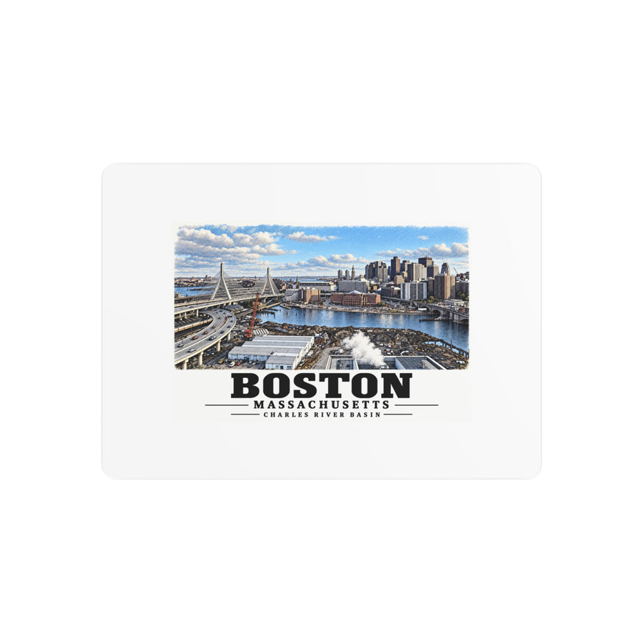 Metal wall print showing Boston skyline, cable-stayed bridge and Charles River basin artwork and Boston lettering