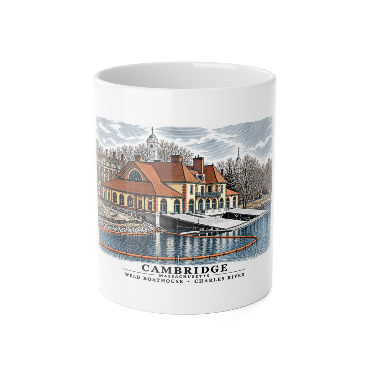 Weld Boathouse, 971 Memorial Drive, beside Anderson Bridge 11 oz White Ceramic Mug - Charles River