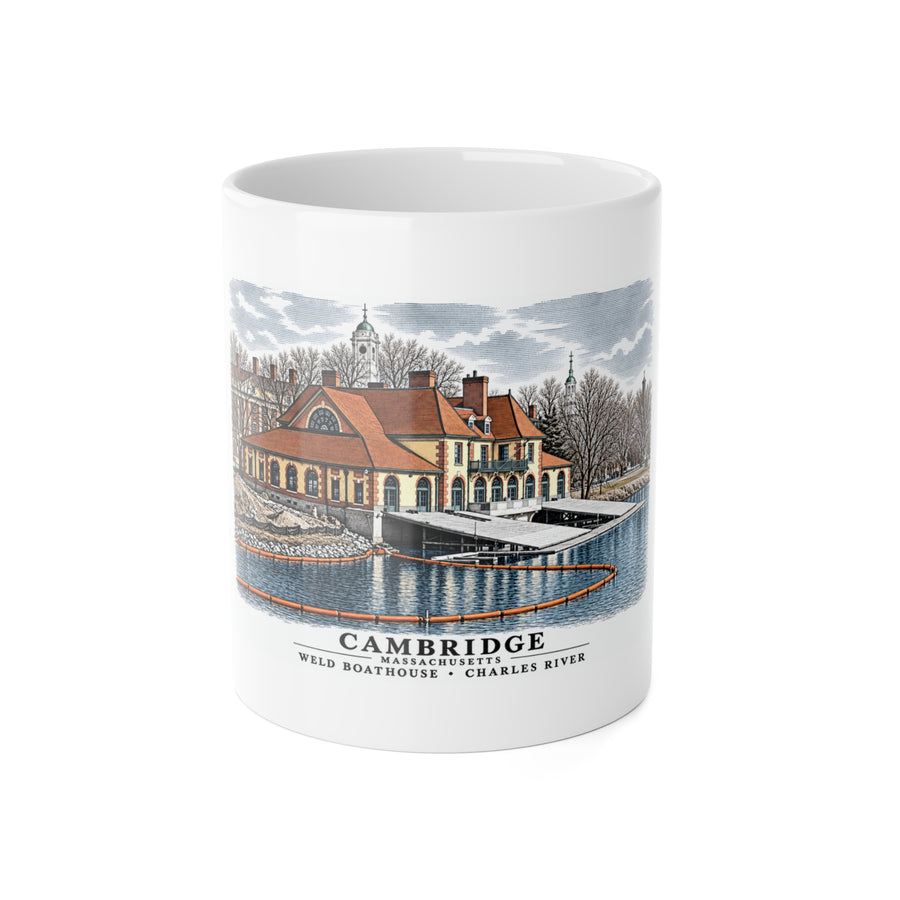 Weld Boathouse, 971 Memorial Drive, beside Anderson Bridge 11 oz White Ceramic Mug - Charles River